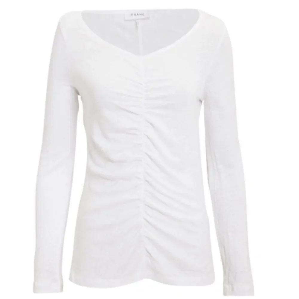 Frame White Linen Shirred Long Sleeve Ruched Front T-Shirt Size M